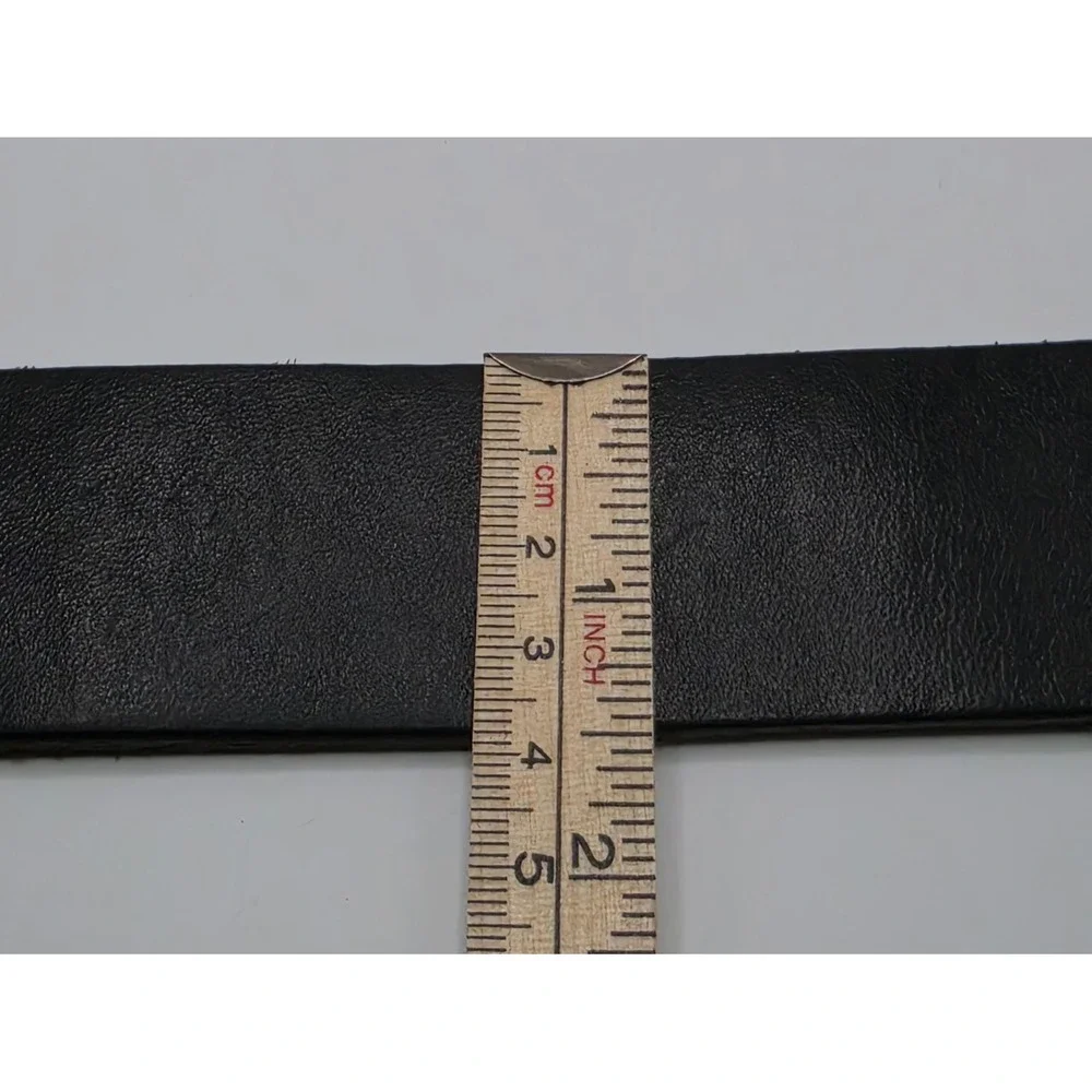 DKNY Jeans Mens Black Leather Belt Silver Square Logo Buckle Made in Mexico 34